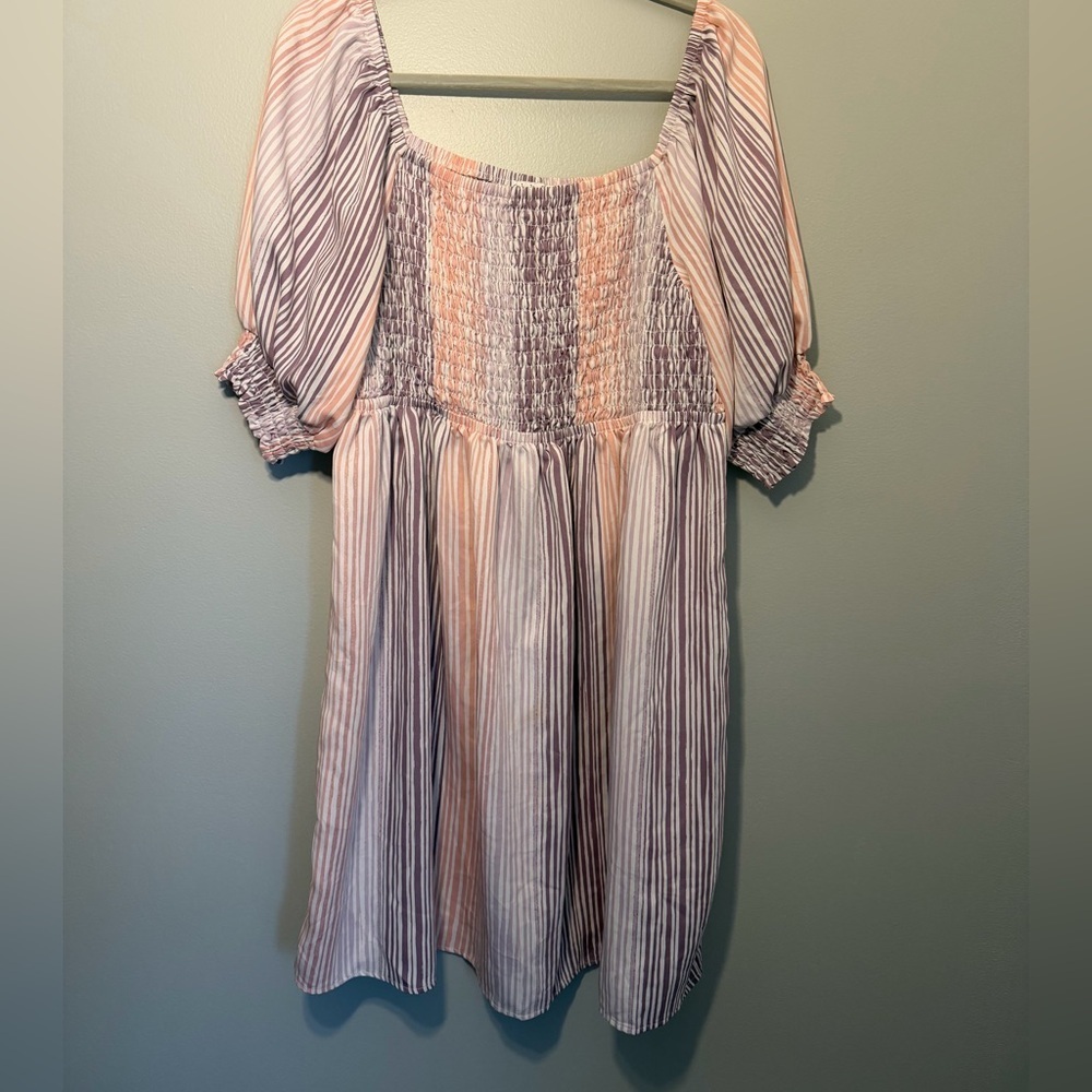 Smocked Puff-Sleeve Striped dress in Blush and Mauve